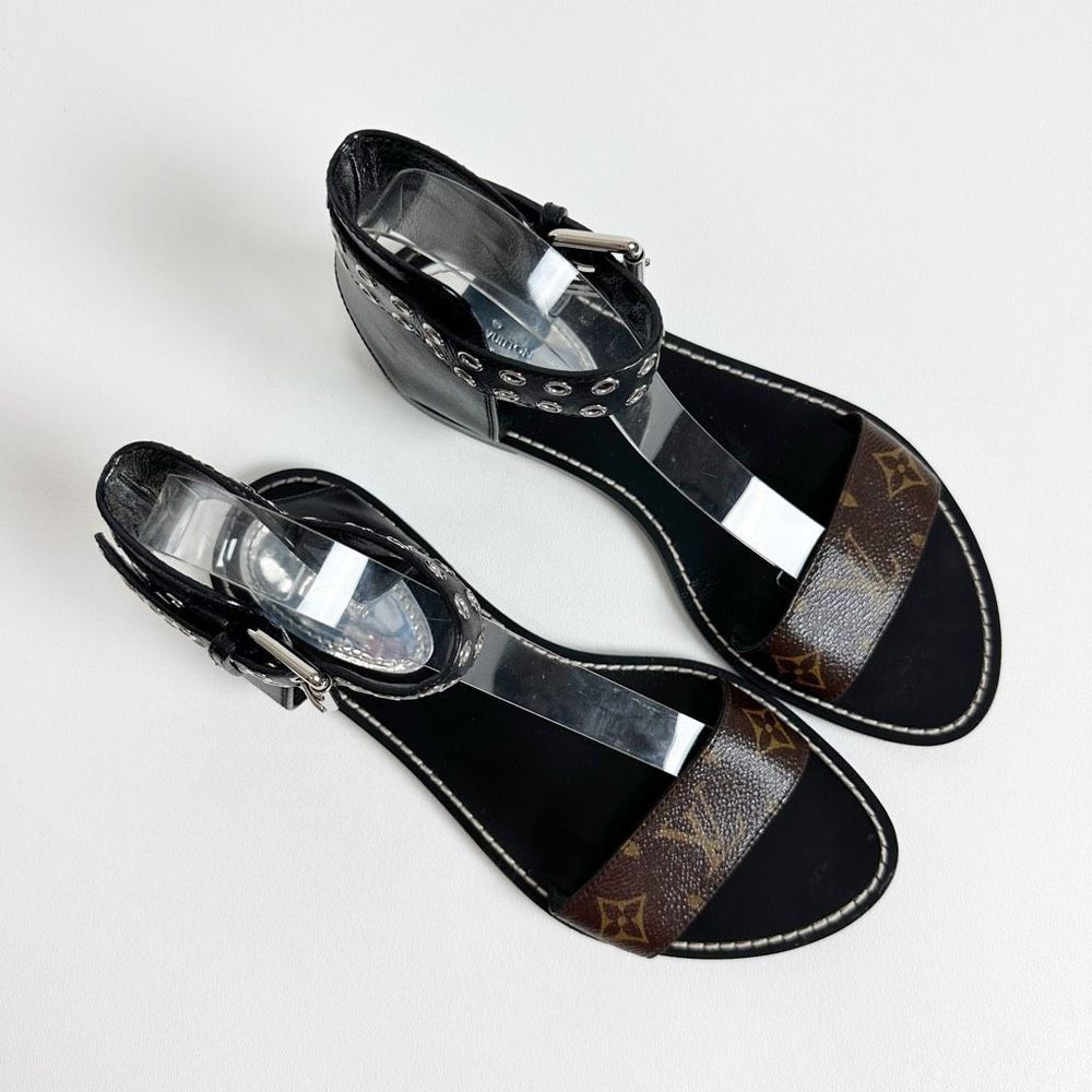 LOUIS VUITTON Ocean Drive Flat Sandals 40 US 9.5 Black Brown Monogram Leather - Picture 3 of 13
